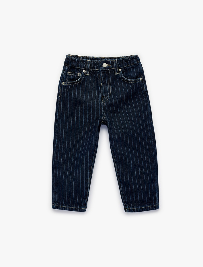 Erkek Bebek Cep Detaylı Pamuklu Çizgili Denim Pantolon