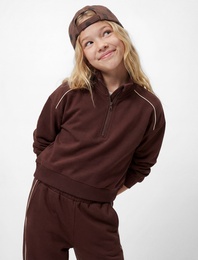 Dik Yaka Uzun Kollu Modal Karışımlı Yarım Fermuarlı Crop Sweatshirt