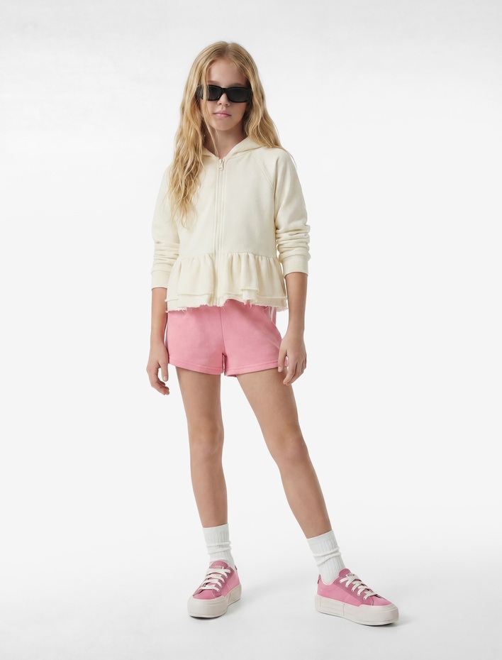 Kız Çocuk Fırfır Detaylı Uzun Kollu Fermuarlı Kapşonlu Sweatshirt