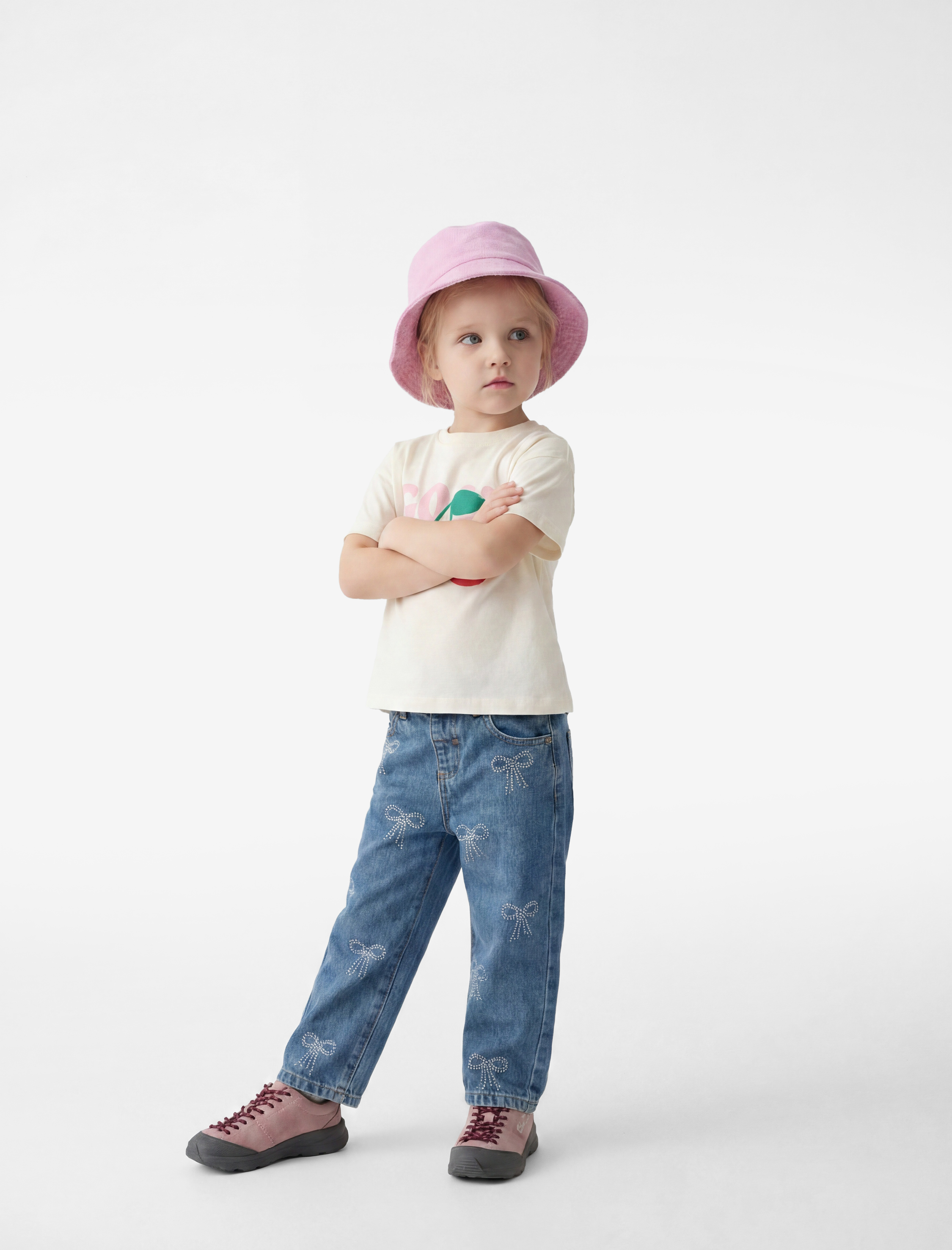  Kız Bebek Pamuklu Yüksek Bel Fiyonk Detaylı Denim Pantolon