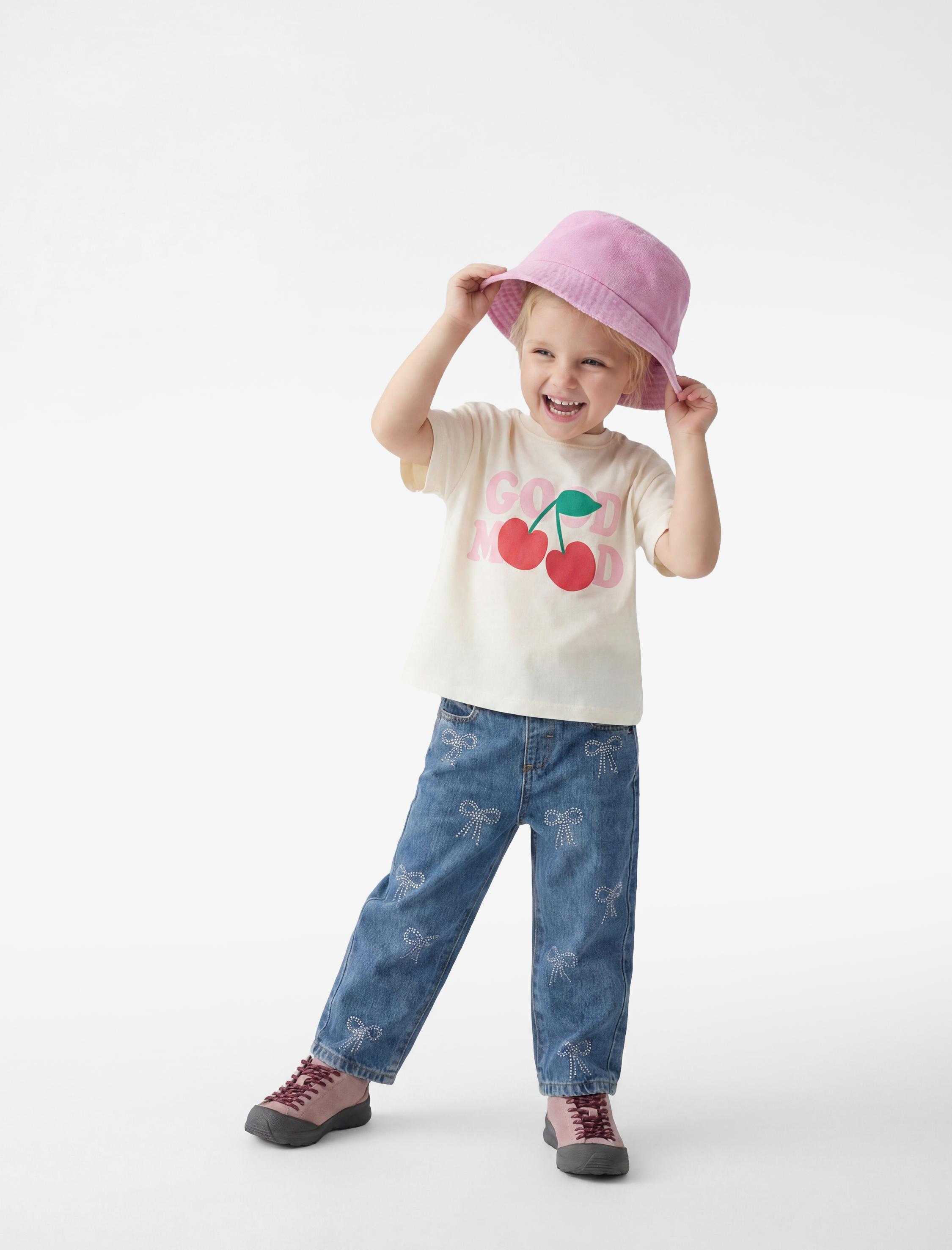  Kız Bebek Pamuklu Yüksek Bel Fiyonk Detaylı Denim Pantolon