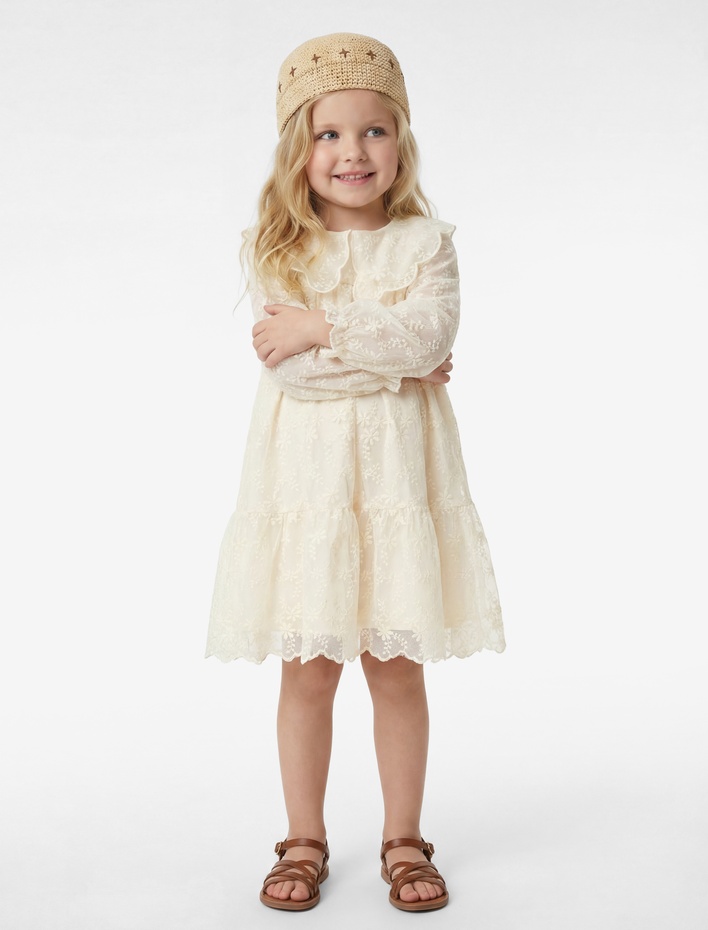 Kız Bebek Balon Kollu Bebe Yaka Brodeli Tüllü Elbise