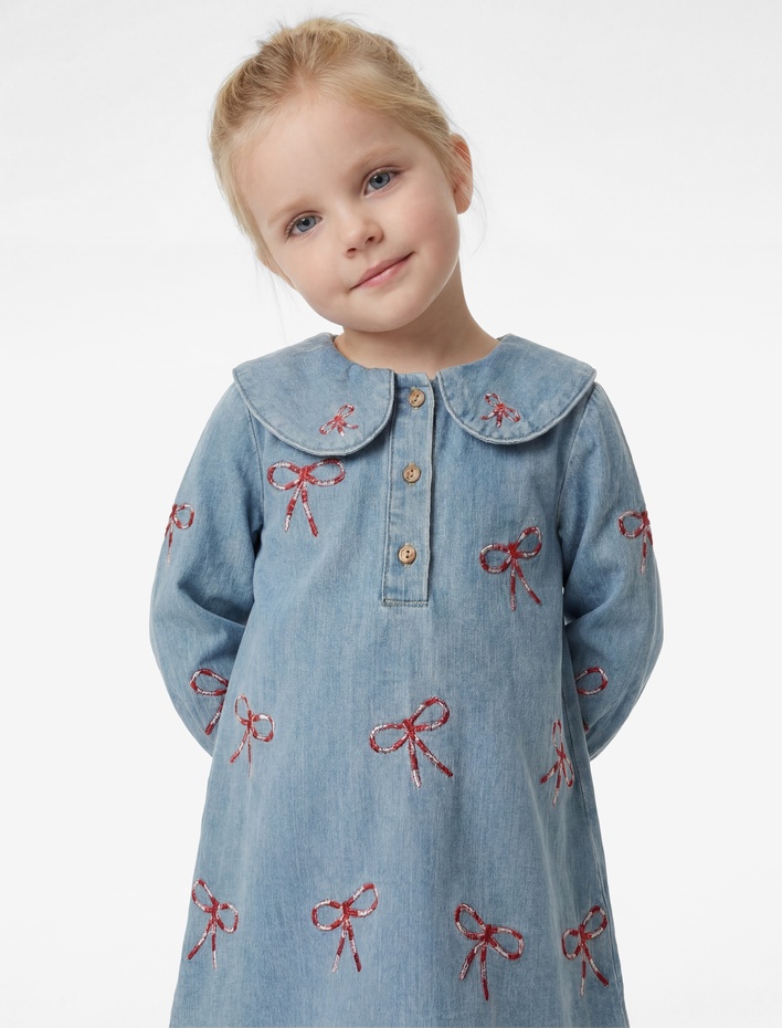 Kız Bebek Pamuklu Fiyonk İşlemeli Uzun Kollu A Kesim Bebe Yaka Denim Elbise