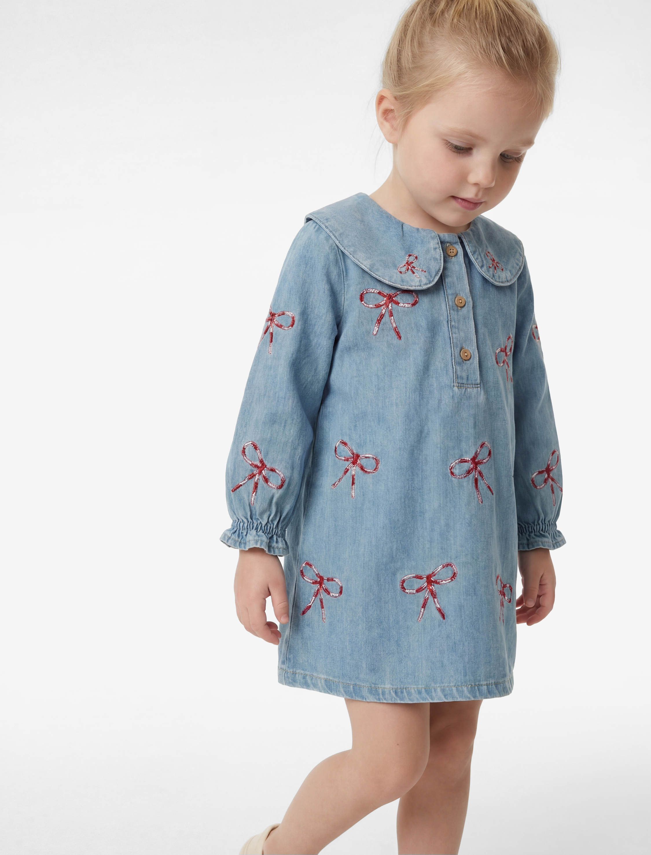  Kız Bebek Pamuklu Fiyonk İşlemeli Uzun Kollu A Kesim Bebe Yaka Denim Elbise