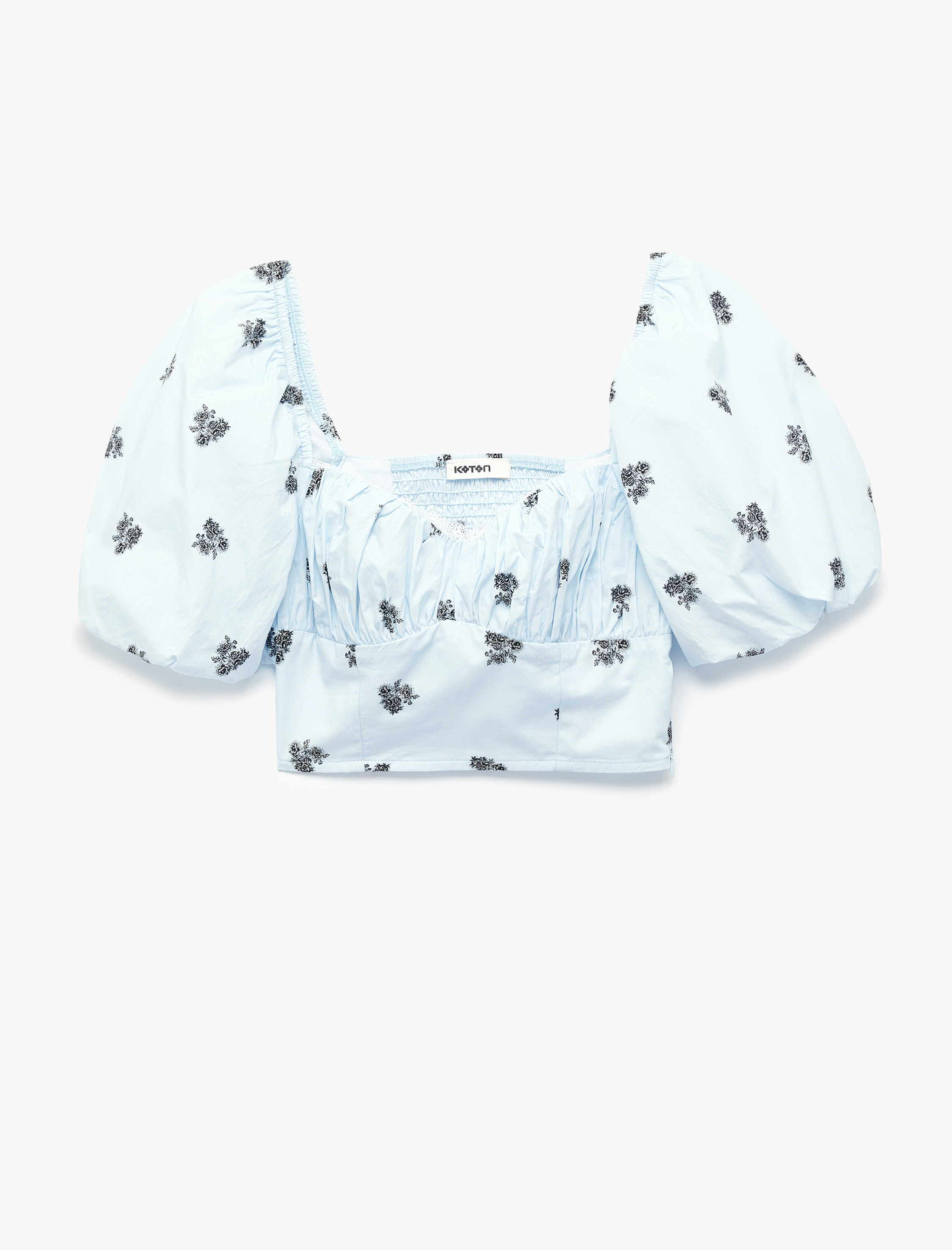   Slim Fit Kalp Yaka Gipeli Kısa Çiçekli Balon Kollu Crop Büstiyer