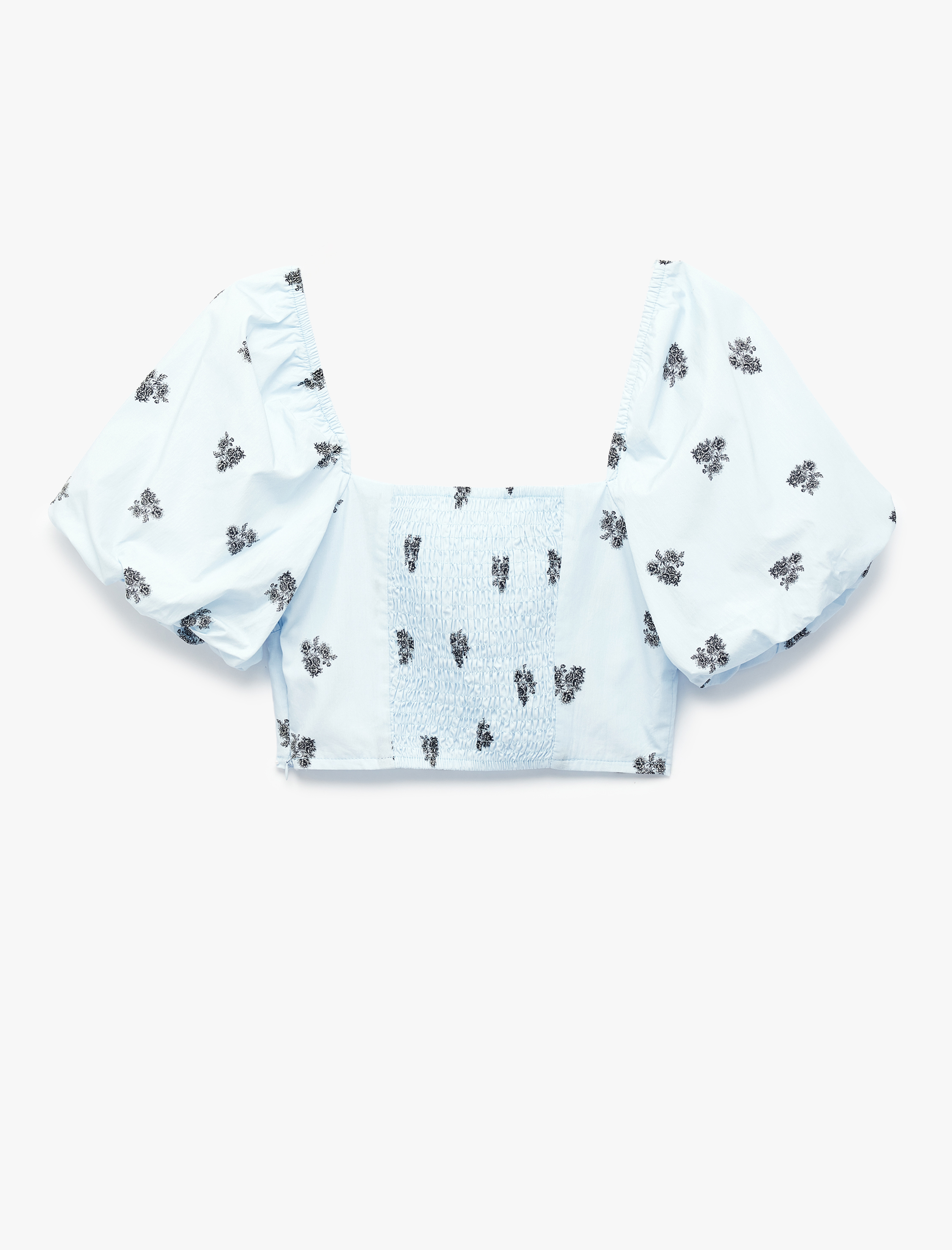   Slim Fit Kalp Yaka Gipeli Kısa Çiçekli Balon Kollu Crop Büstiyer