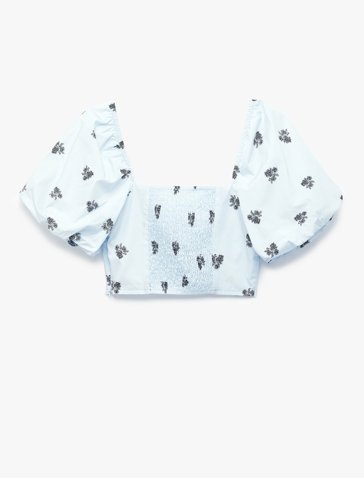  Slim Fit Kalp Yaka Gipeli Kısa Çiçekli Balon Kollu Crop Büstiyer