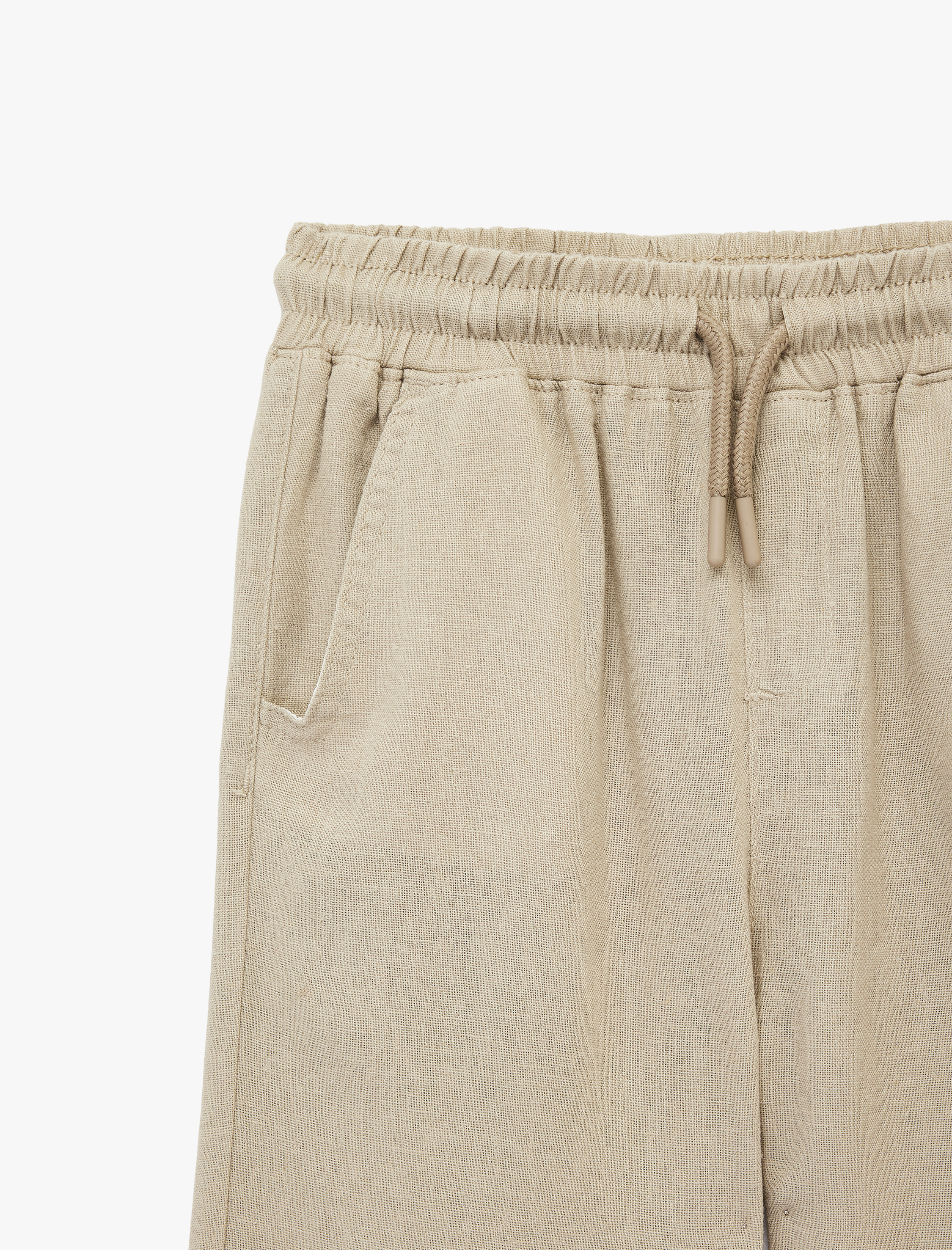  Erkek Çocuk Keten ve Viskon Karışımlı Beli Bağcıklı Rahat Kesim Basic Pantolon