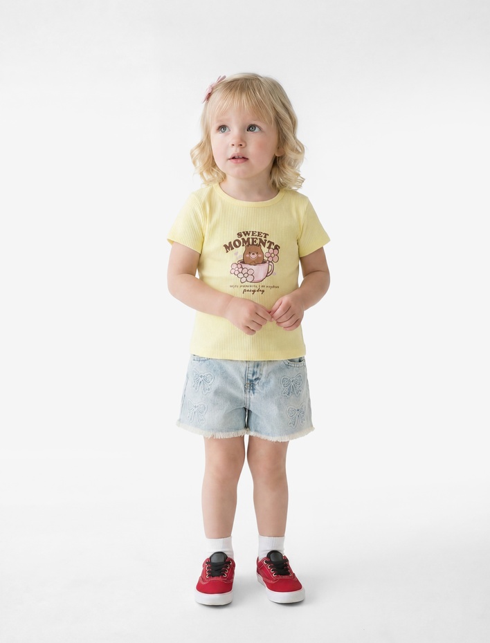 Kız Bebek Fiyonk Nakış Detaylı Cepli Pamuklu Denim Şort