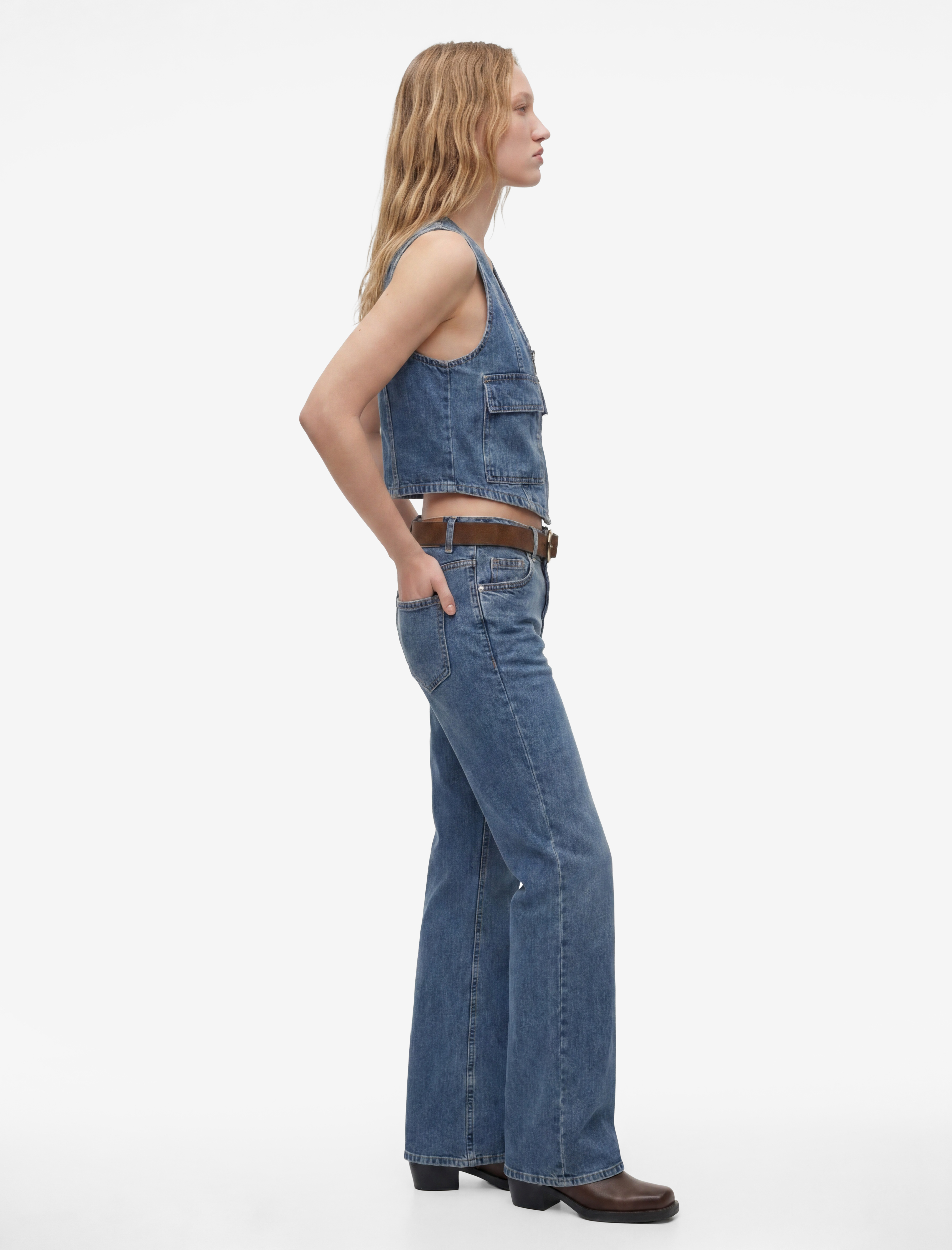   Dar Kesim Kemerli Düğmeli İspanyol Paça Denim Pantolon - Flare Jeans