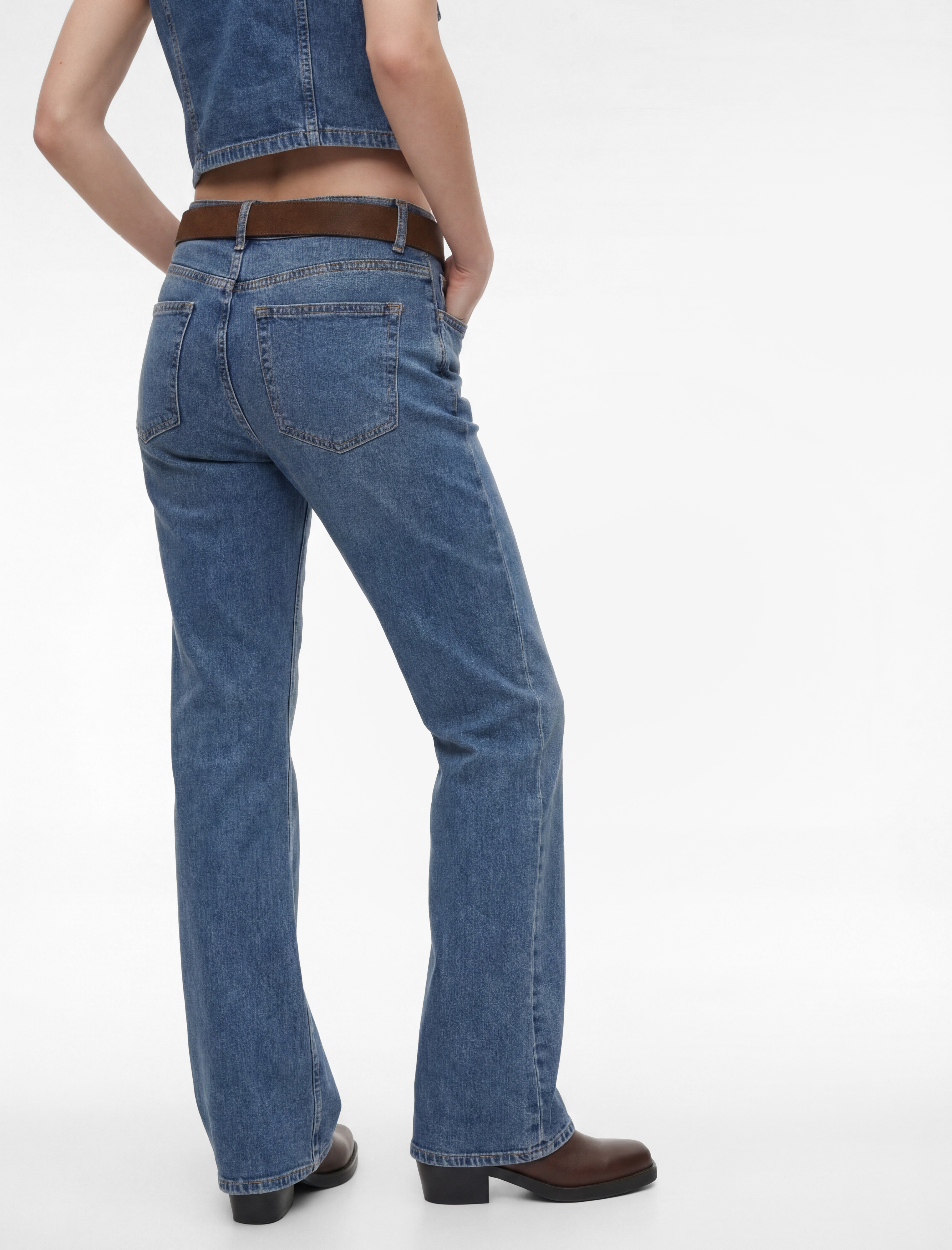   Dar Kesim Kemerli Düğmeli İspanyol Paça Denim Pantolon - Flare Jeans