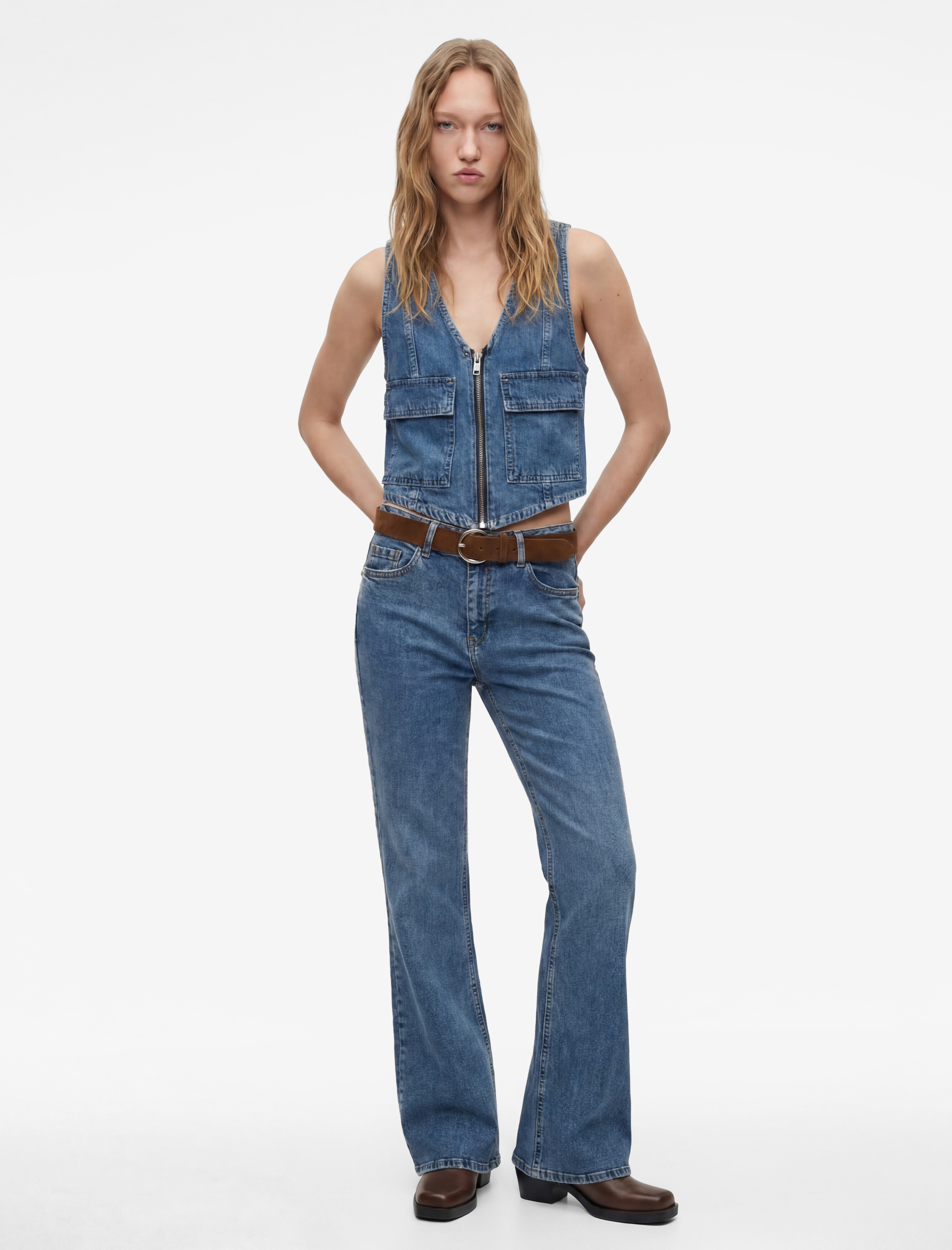   Dar Kesim Kemerli Düğmeli İspanyol Paça Denim Pantolon - Flare Jeans