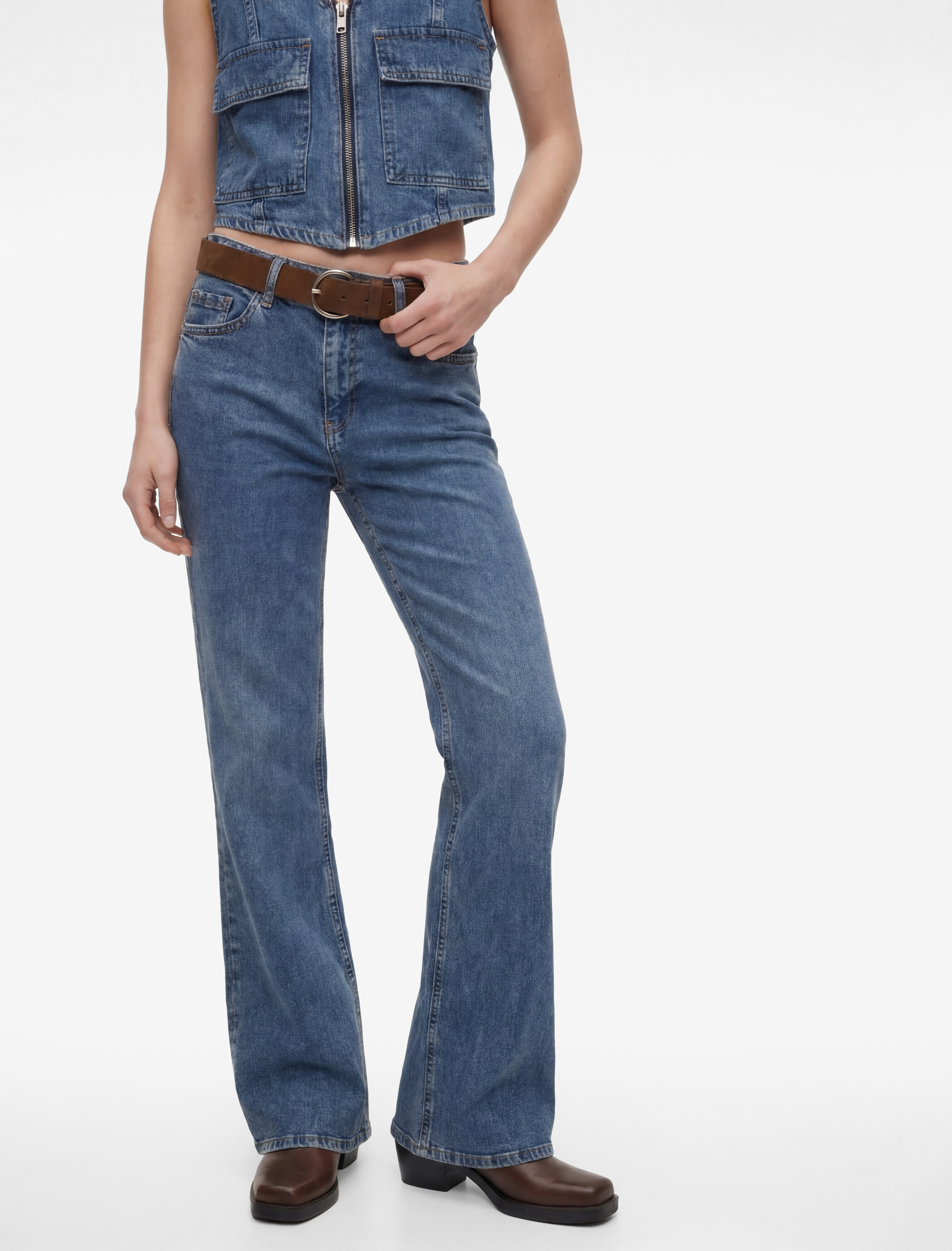   Dar Kesim Kemerli Düğmeli İspanyol Paça Denim Pantolon - Flare Jeans