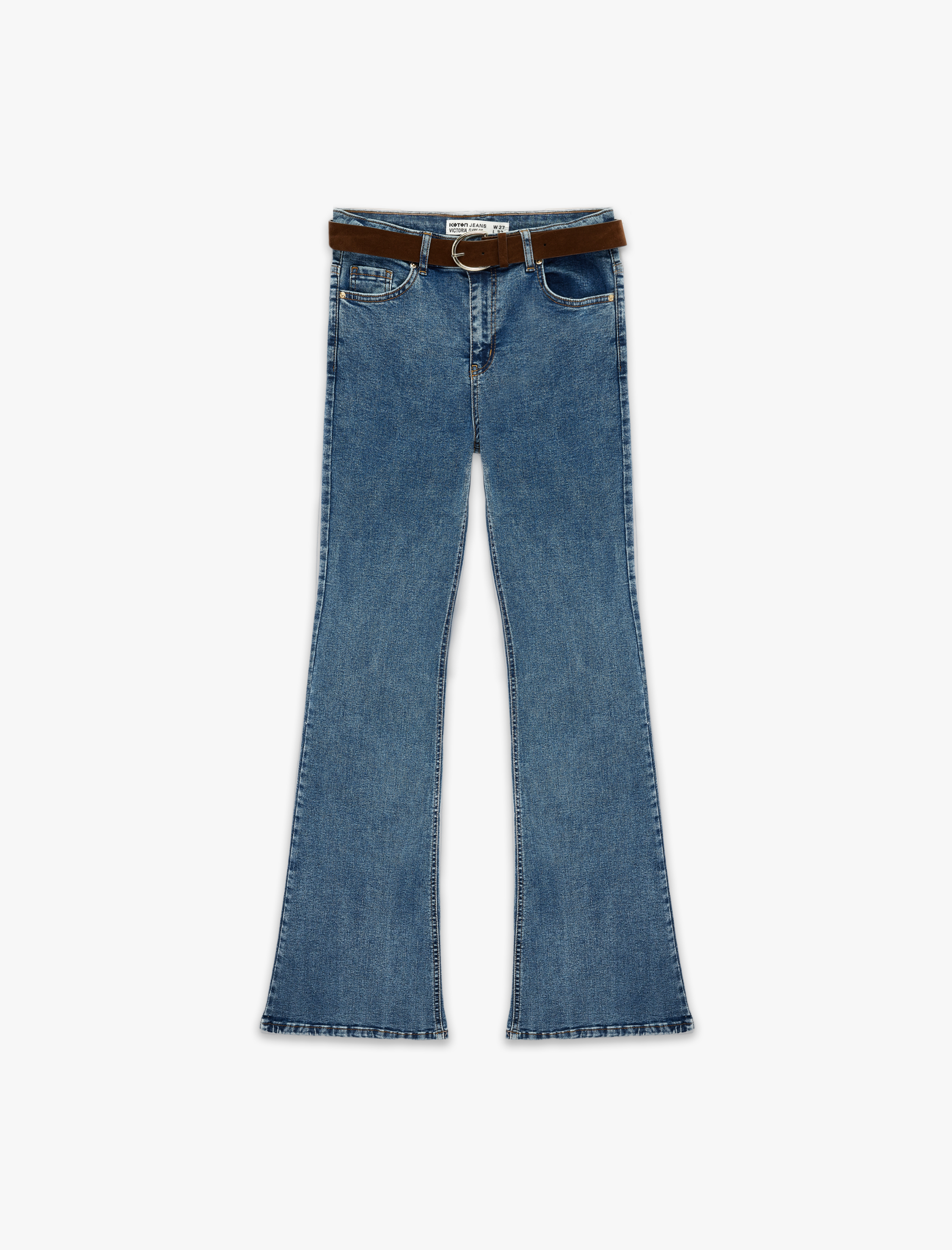   Dar Kesim Kemerli Düğmeli İspanyol Paça Denim Pantolon - Flare Jeans