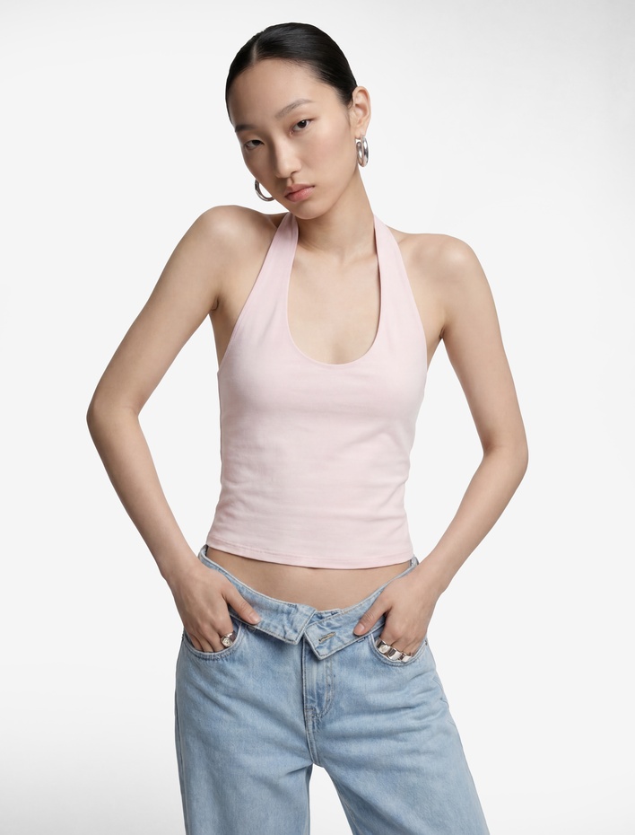  Halter Yaka Kolsuz Pamuklu Crop Bluz