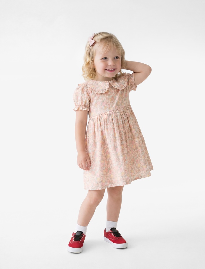 Kız Bebek Pamuklu Fırfırlı Kısa Kollu Bebe Yaka Çiçekli Elbise