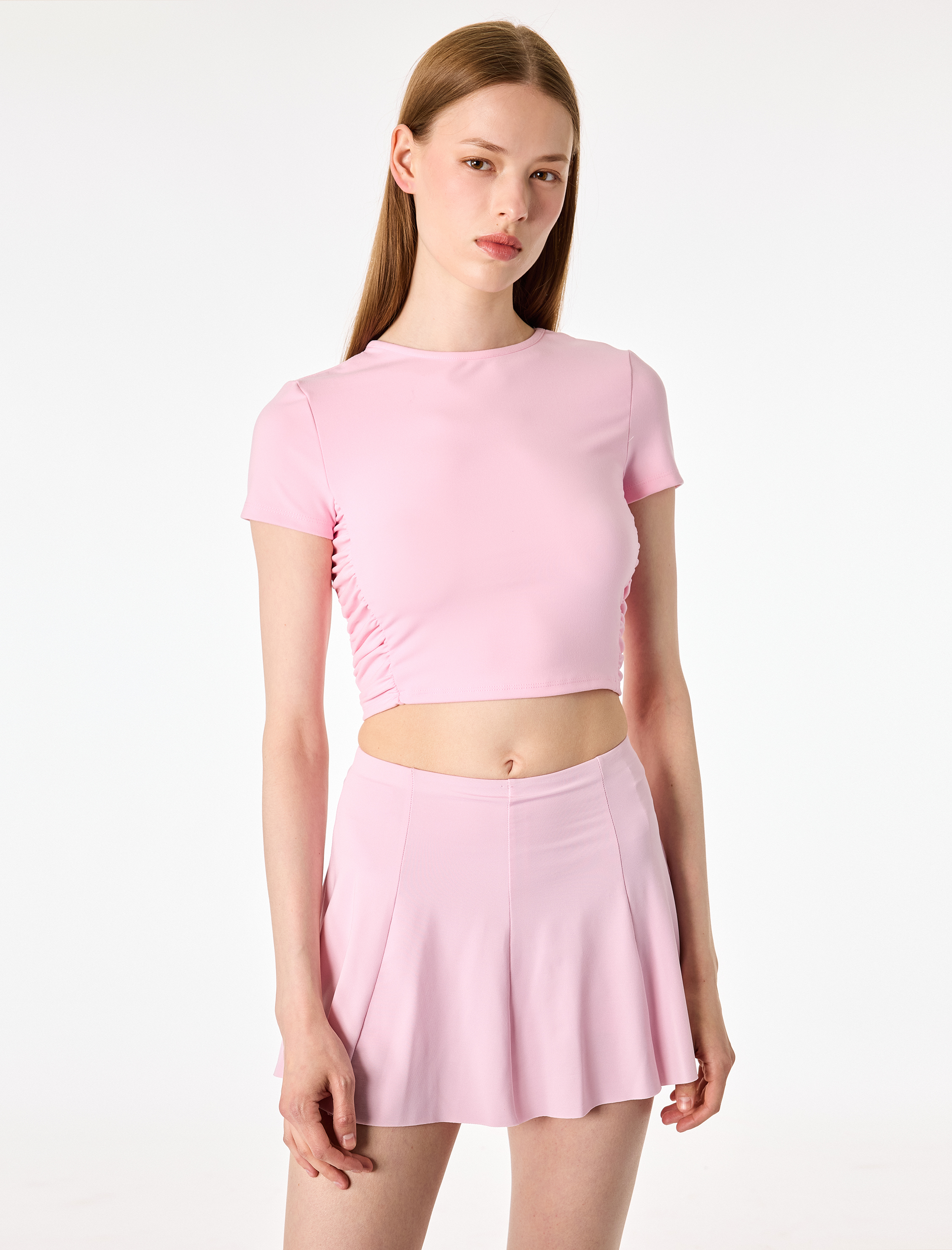   Slim Fit Büzgülü Kısa Kollu Bisiklet Yaka Crop Spor Tişört