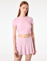 Slim Fit Büzgülü Kısa Kollu Bisiklet Yaka Crop Spor Tişört