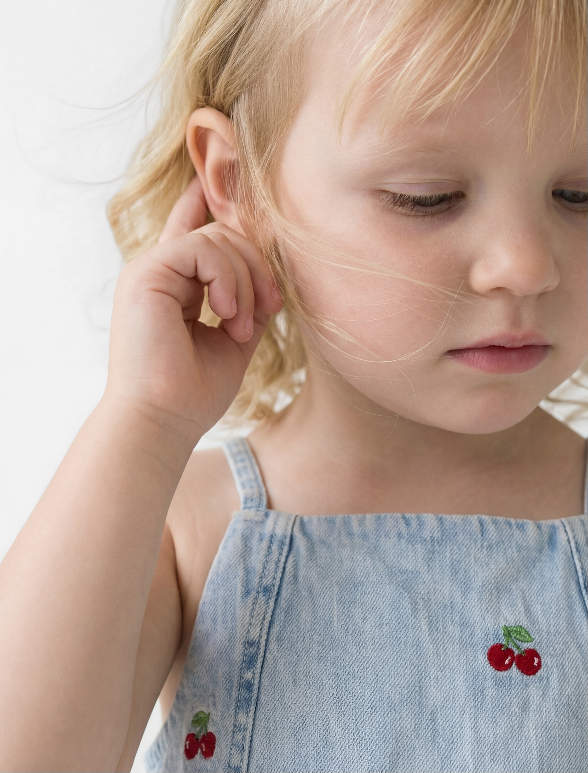  Kız Bebek Kiraz Detaylı Kare Yaka Askılı Denim Elbise