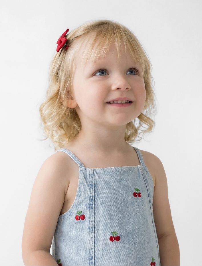 Kız Bebek Çilek Detaylı Kare Yaka Askılı Denim Elbise