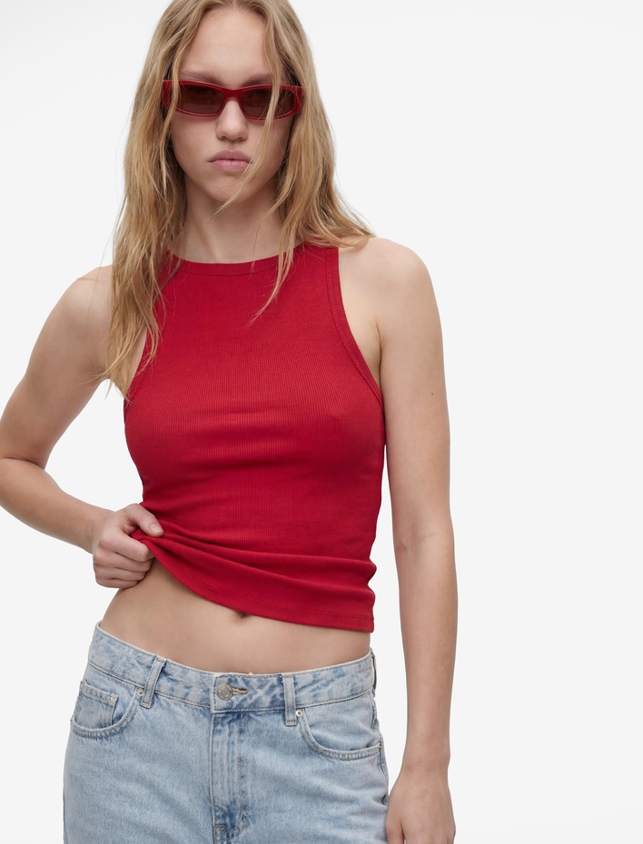  Slim Fit Pamuklu Kolsuz Kayık Yaka Bluz
