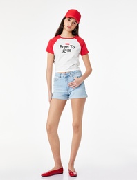 Pamuklu Yüksek Bel Slim Fit Duble Paça Mini Denim Şort