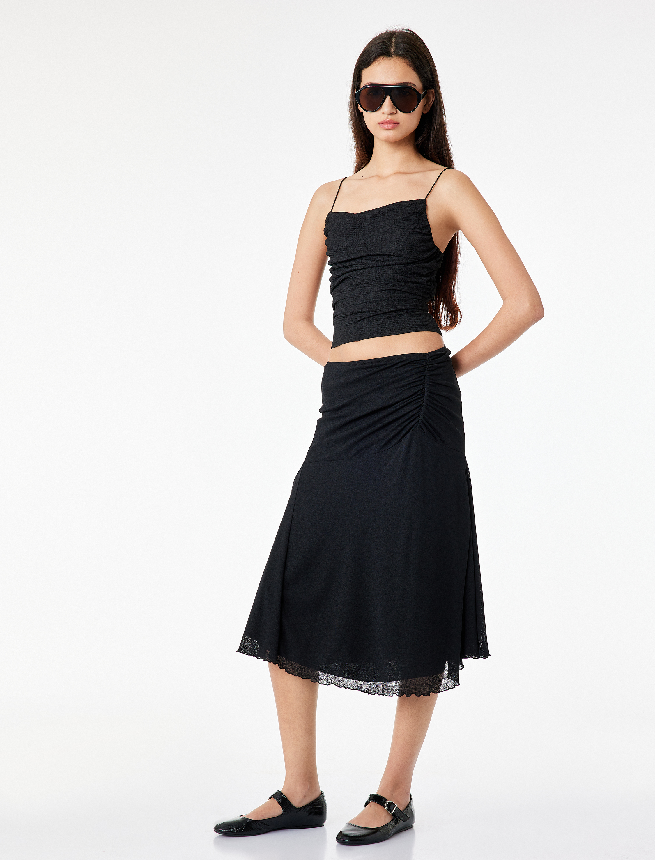   Slim Fit Büzgülü A Kesim Midi Etek