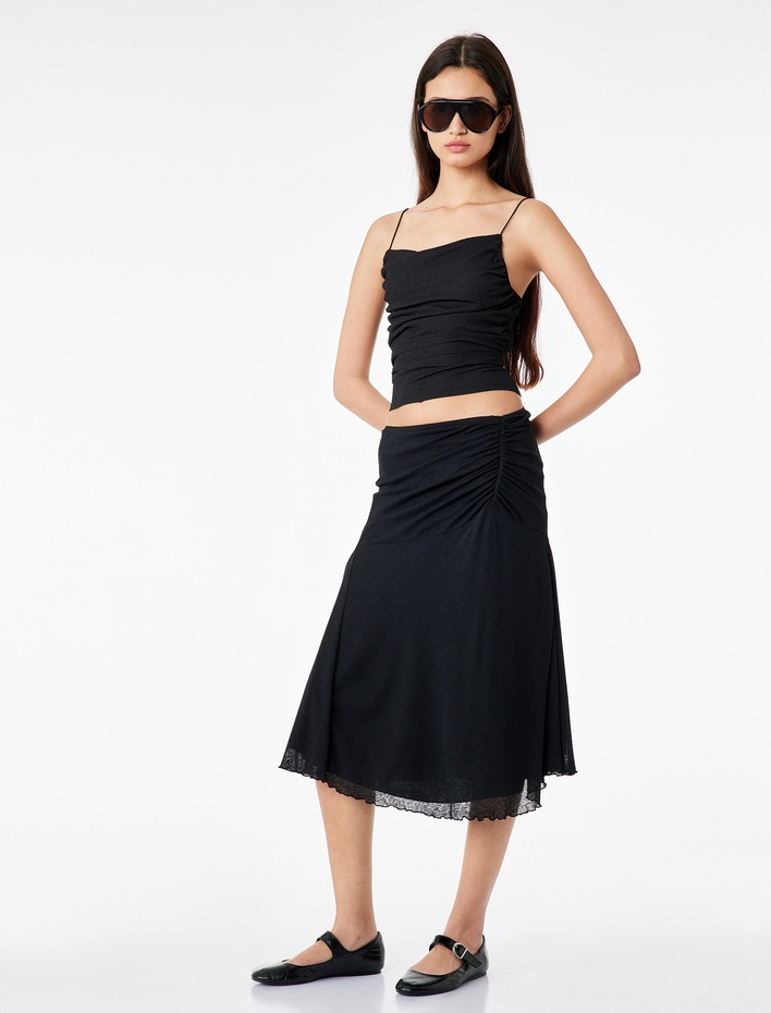  Slim Fit Büzgülü A Kesim Midi Etek