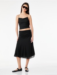 Slim Fit Büzgülü A Kesim Midi Etek