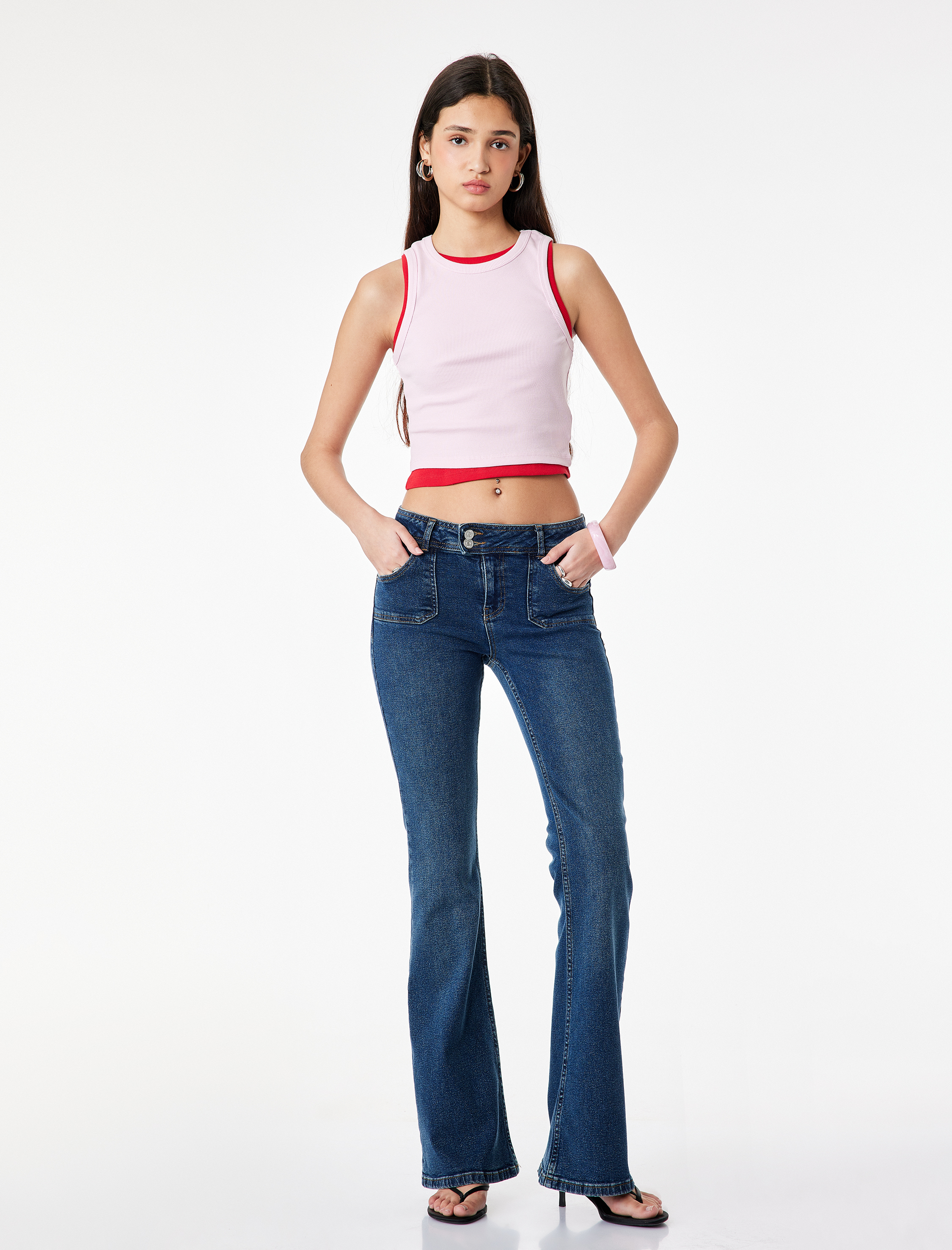   Düğme Detaylı Düşük Bel Pamuklu İspanyol Paça Denim Pantolon - Flare Jeans