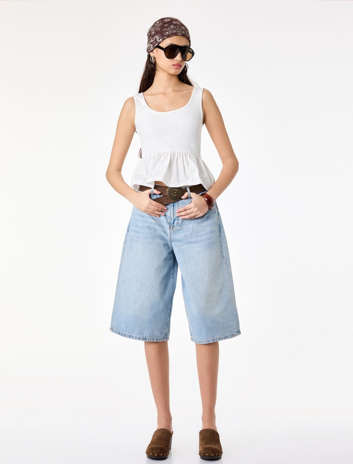  Slim Fit Kaşkorse U Yaka Volanlı Kolsuz Bluz