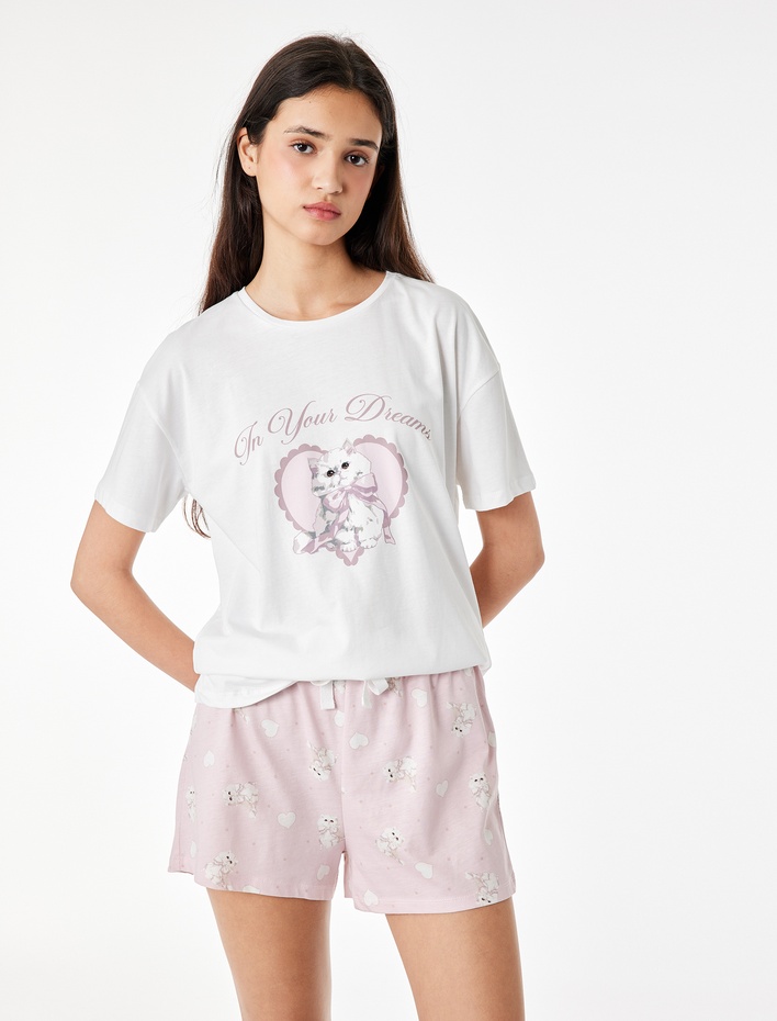  Pamuklu Bisiklet Yaka Kısa Kollu Pijama Takımı