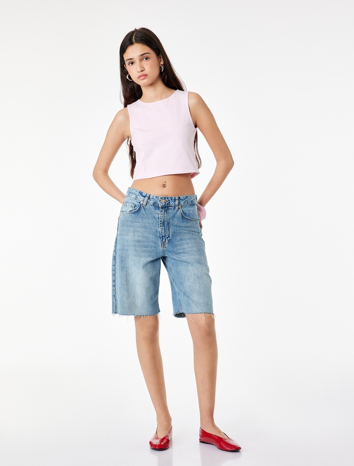  Kolsuz Bisiklet Yaka Slim Fit Crop Bluz