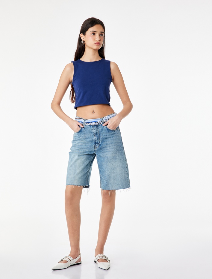  Kolsuz Bisiklet Yaka Slim Fit Crop Bluz