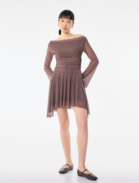 Slim Fit Uzun Kollu Drapeli Madonna Yaka Asimetrik Puantiyeli Mini Tül Elbise