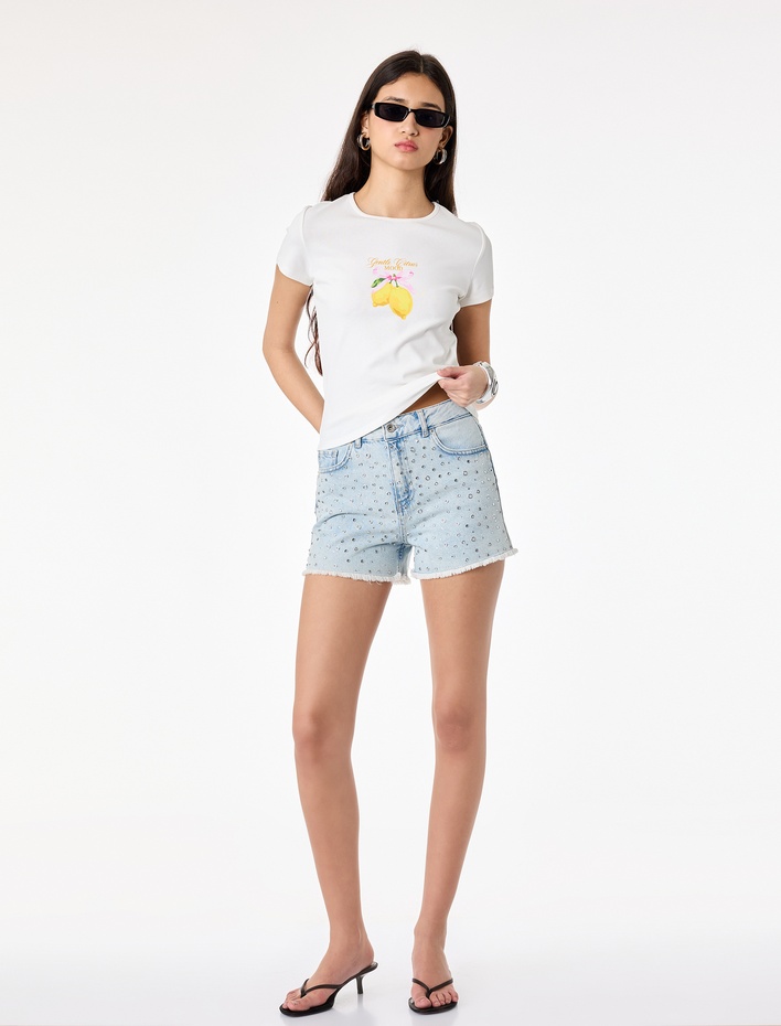  Slim Fit Bisiklet Yaka Pamuklu Kısa Kollu Limon Baskılı Tişört