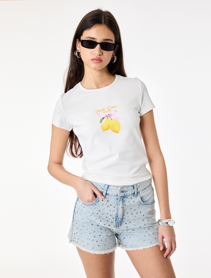  Slim Fit Bisiklet Yaka Pamuklu Kısa Kollu Limon Baskılı Tişört