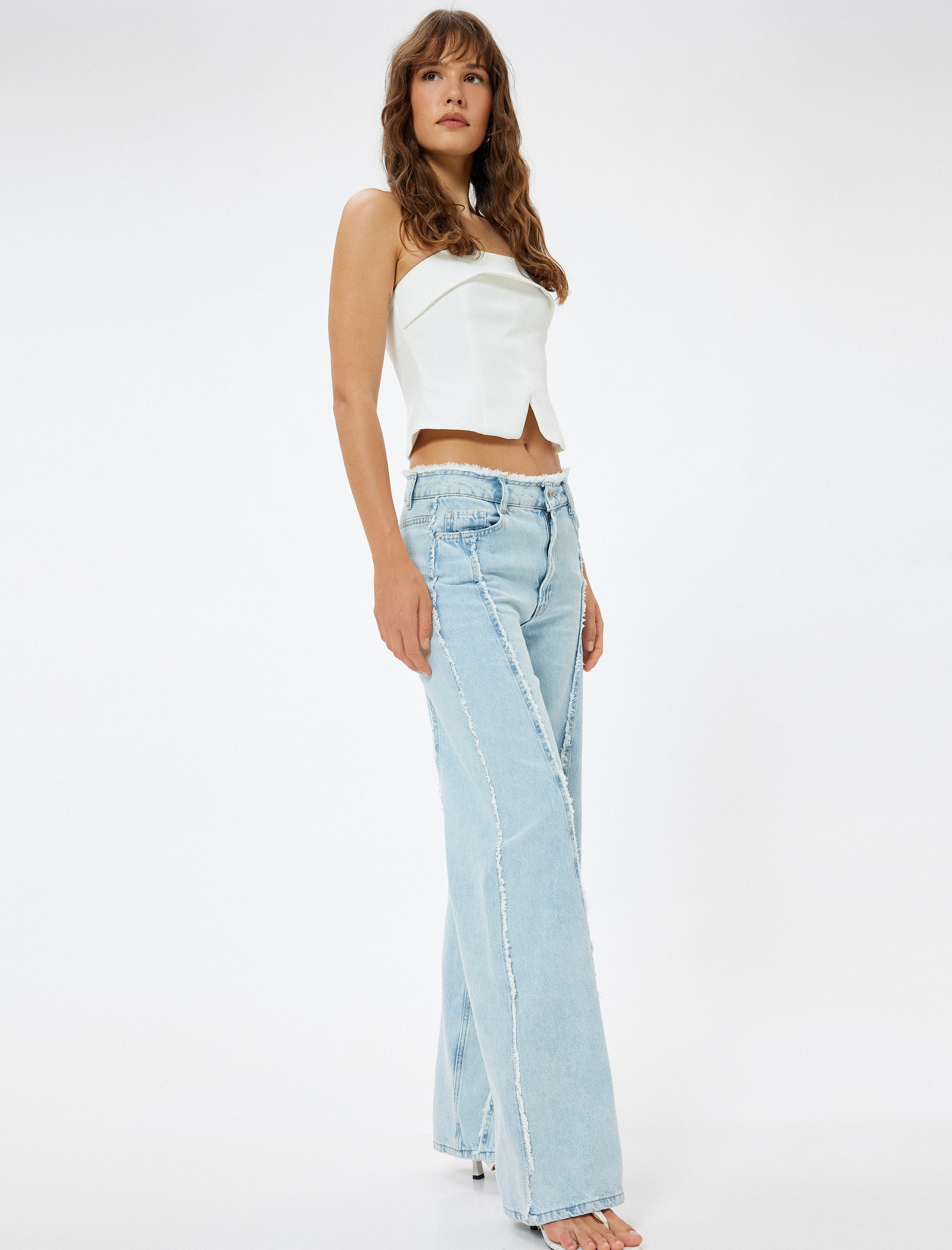   Püsküllü Geniş Paça Kot Pantolon Cepli Asimetrik Dikiş Detaylı - Bianca Wide Leg Jeans