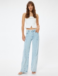 Püsküllü Geniş Paça Kot Pantolon Cepli Asimetrik Dikiş Detaylı - Bianca Wide Leg Jeans