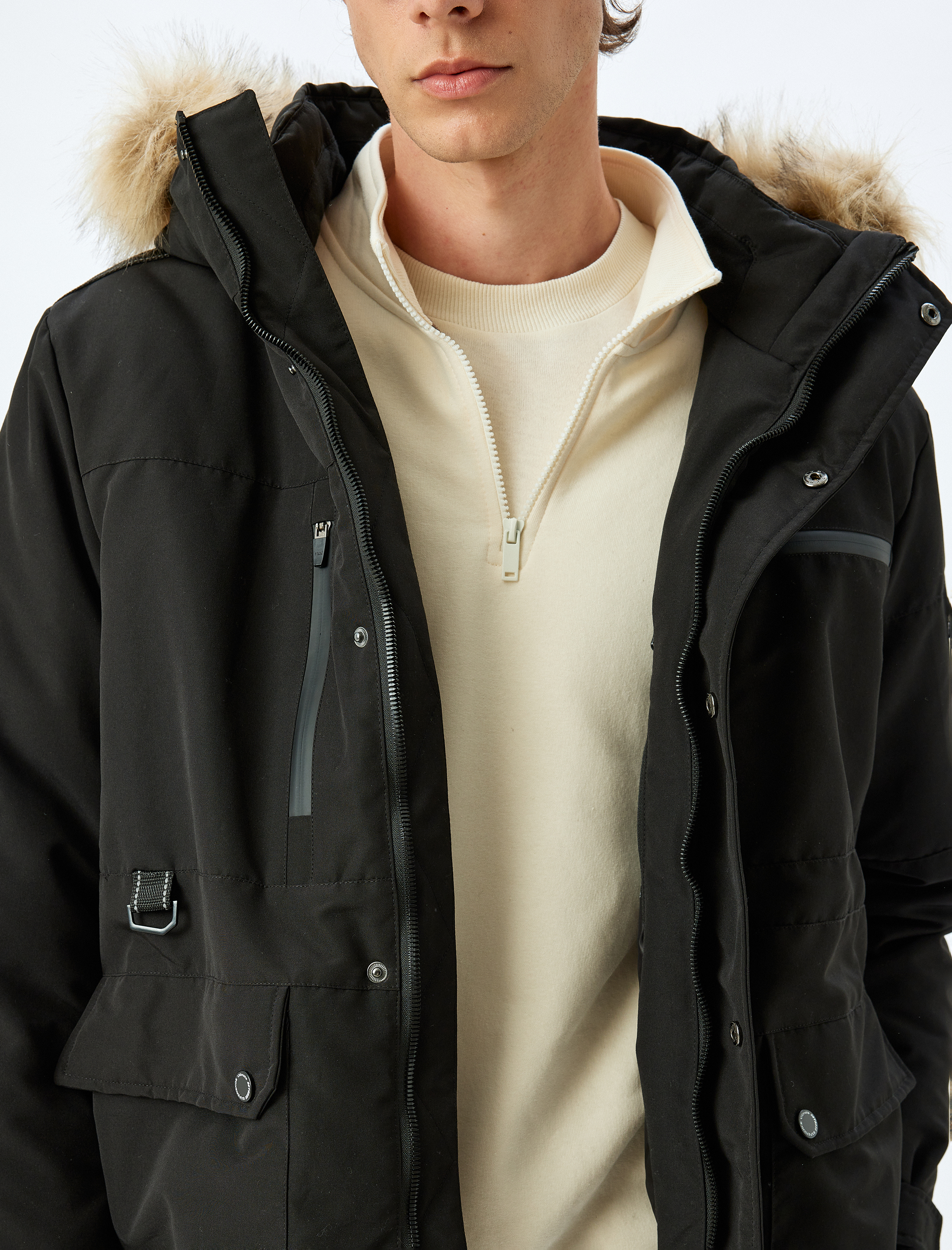   Anorak Mont Suni Kürk Detaylı Kapşonlu Slim Fit Fermuarlı