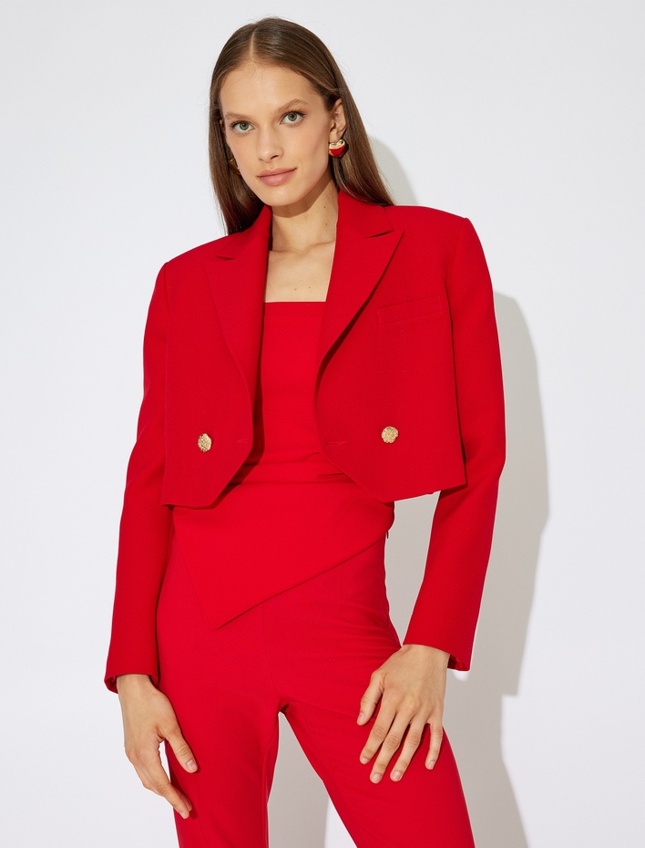  Asimetrik Kruvaze Crop Blazer Ceket