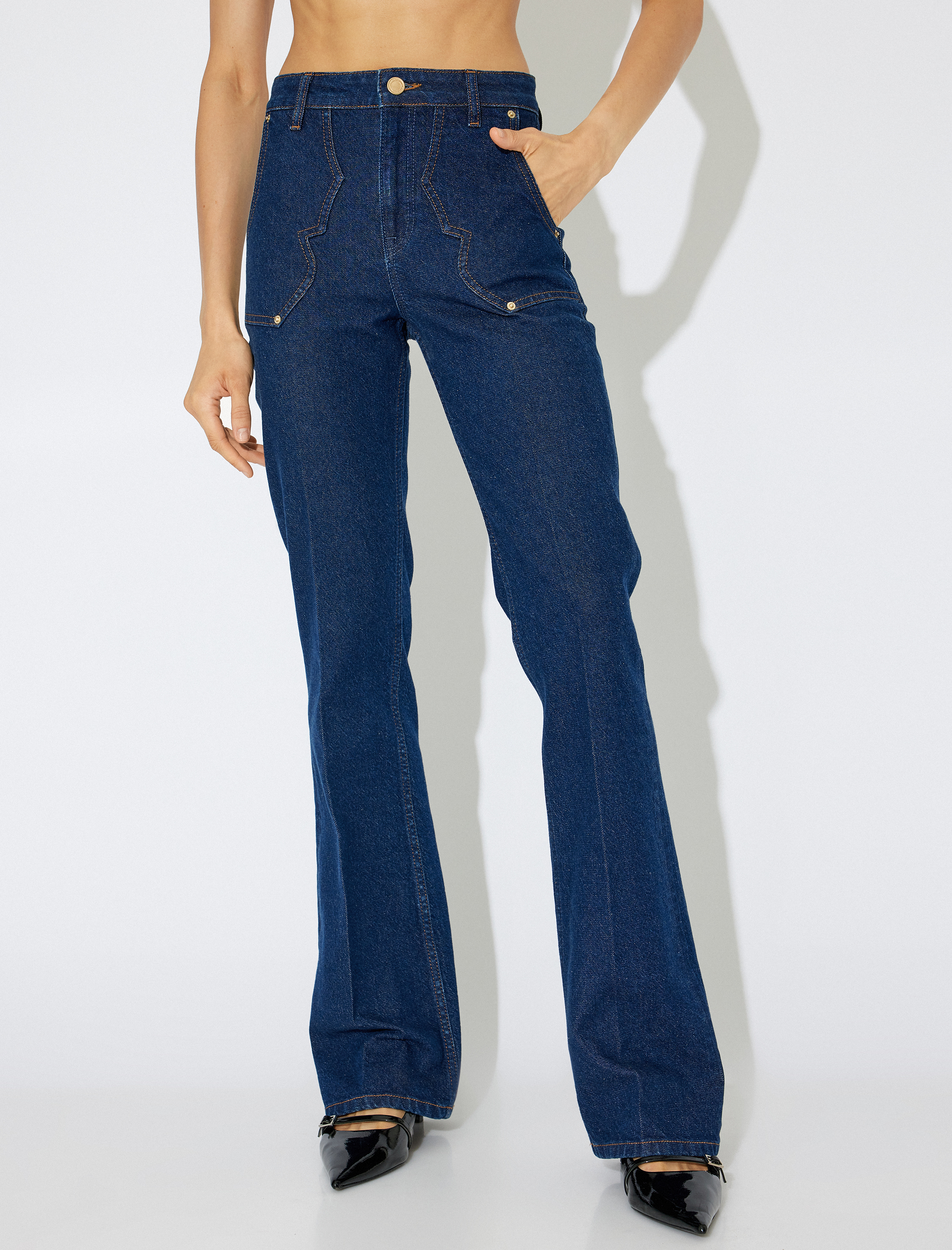   Yüksek Bel İspanyol Paça Kot Pantolon Düğmeli