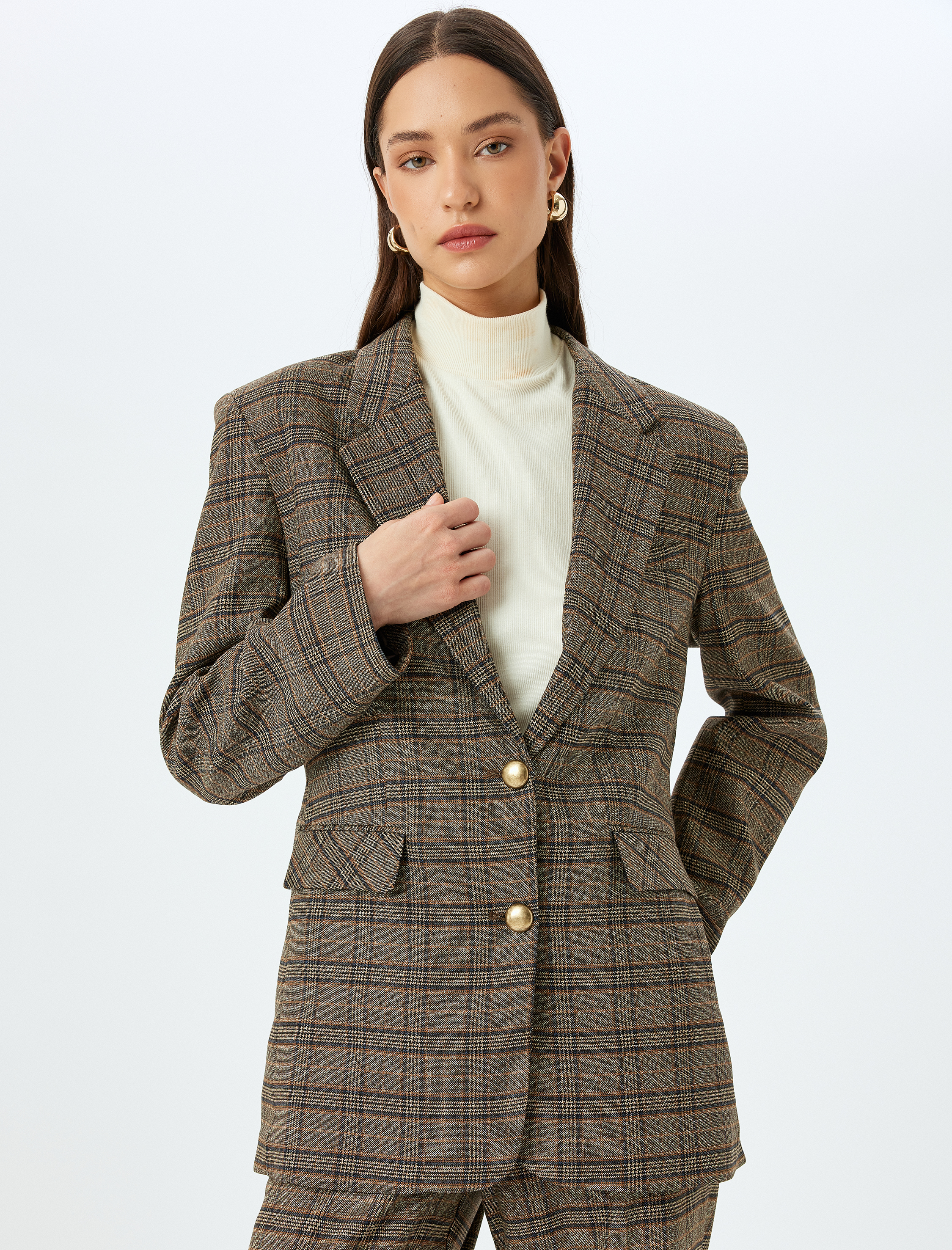   Koton X Sima Tarkan - Kapaklı Cep Detaylı Ekose Kruvaze Blazer Ceket