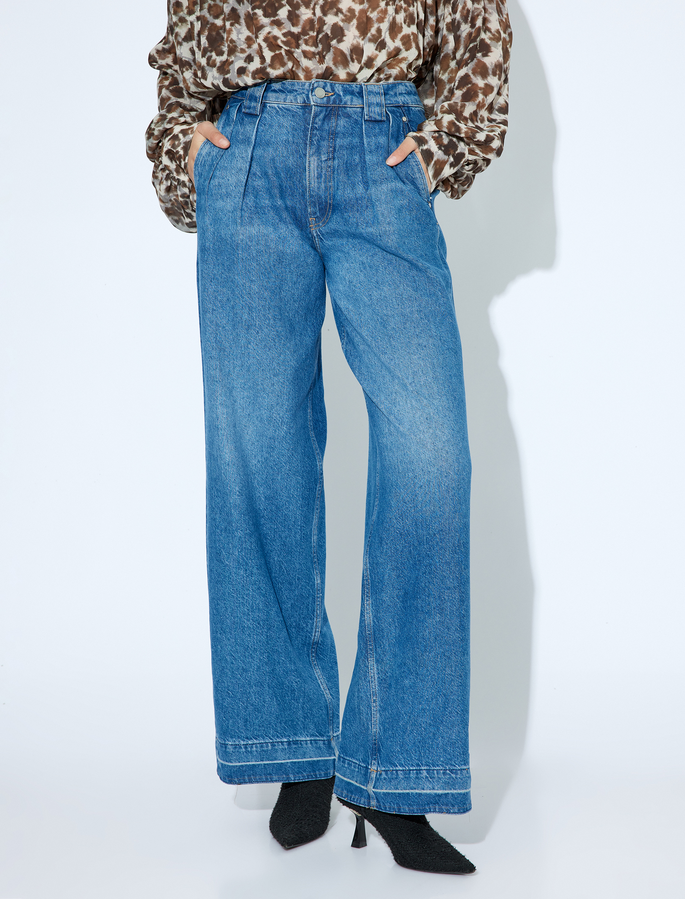   Bol Kot Pantolon Geniş Paça Pileli Düğmeli - Loose Fit Jean