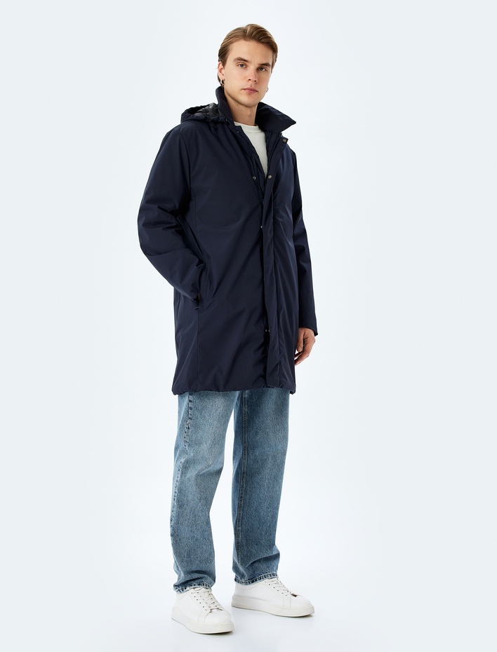  Fermuarlı Slim Fit Çıkarılabilir Kapşonlu Yağmurluk Mont