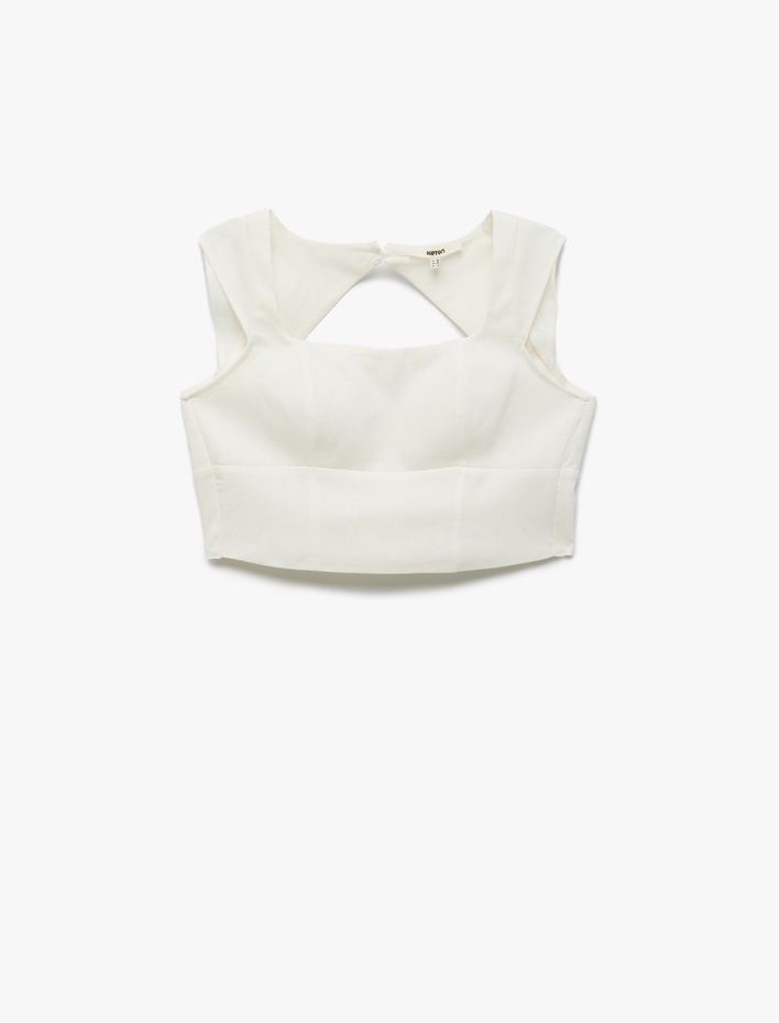  Kırık Beyaz Kare Yaka Kap Kol Keten Crop Top