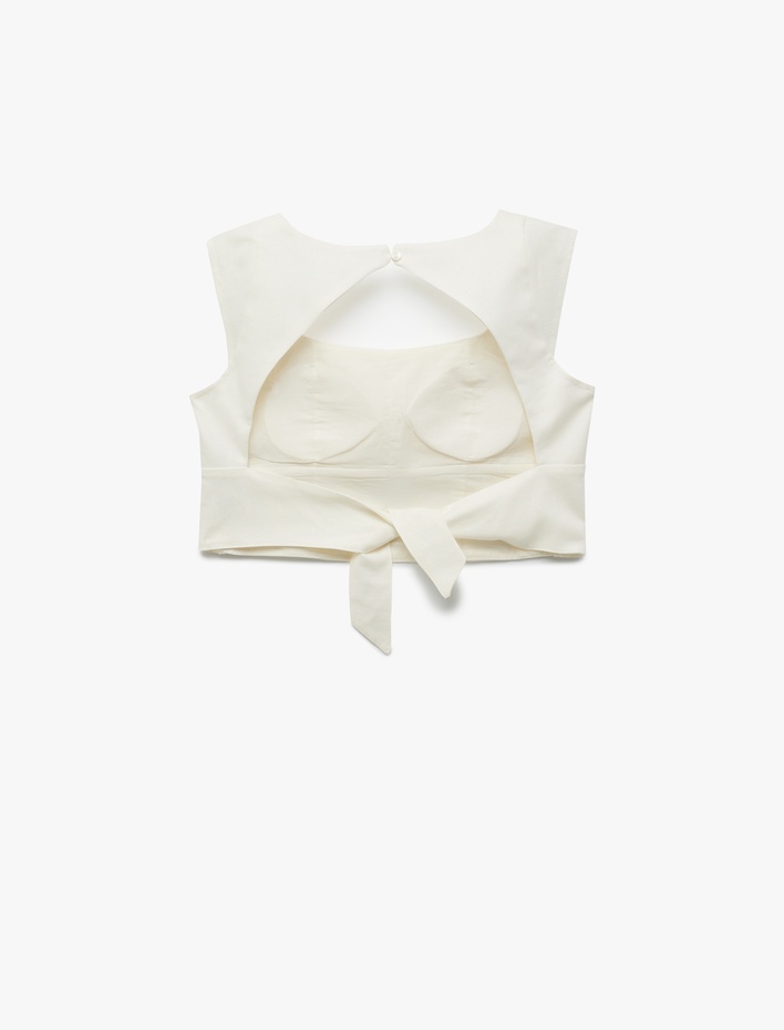  Kırık Beyaz Kare Yaka Kap Kol Keten Crop Top