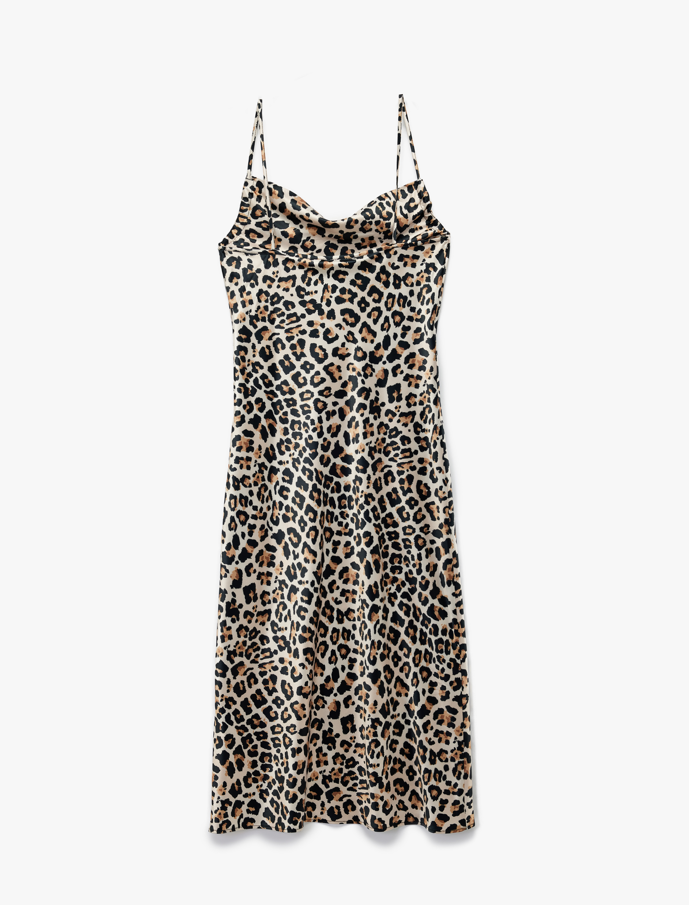   Degaje Yaka Saten Leopar İp Askılı Midi Slip Elbise