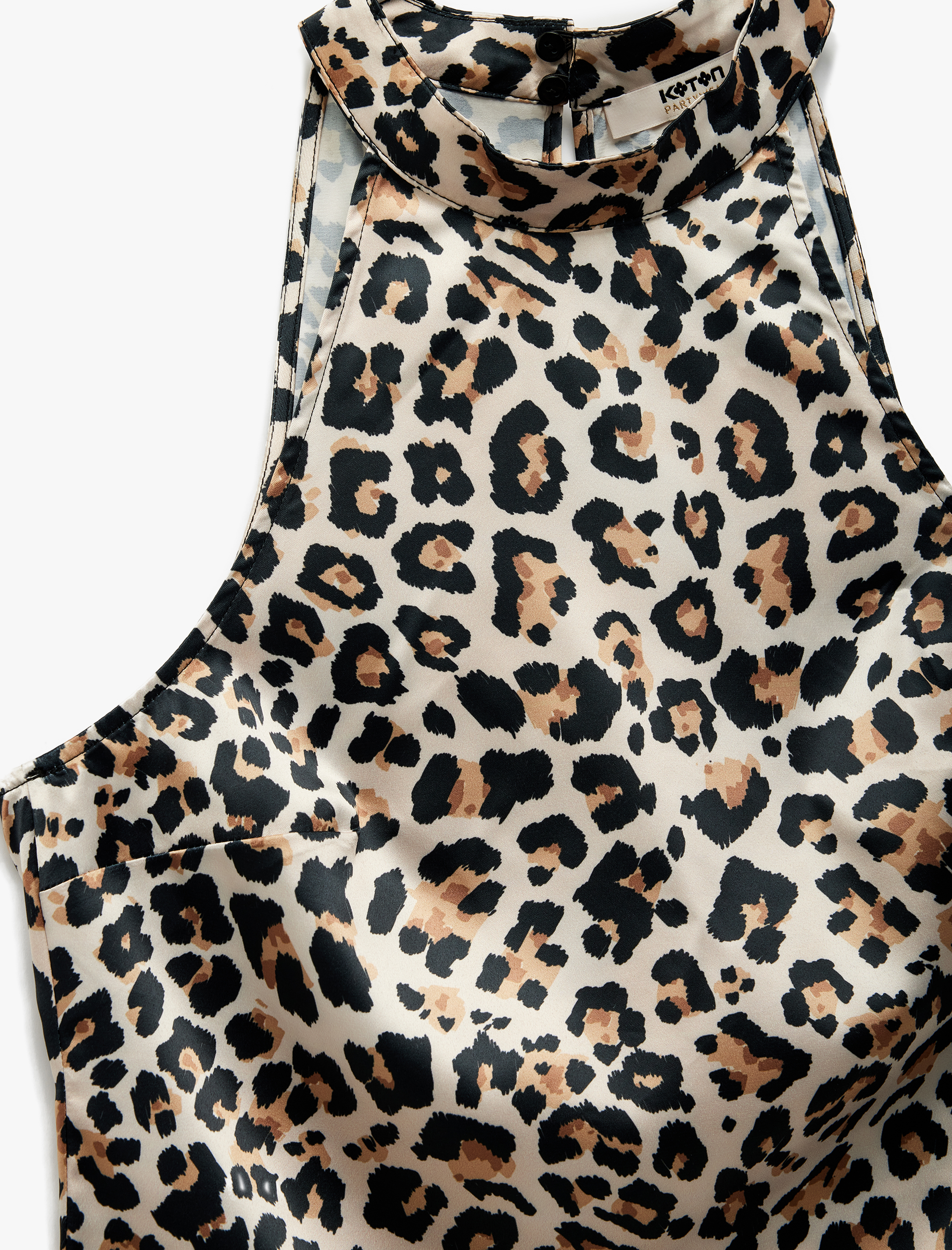   Saten Kolsuz Halter Yaka Leopar Bluz