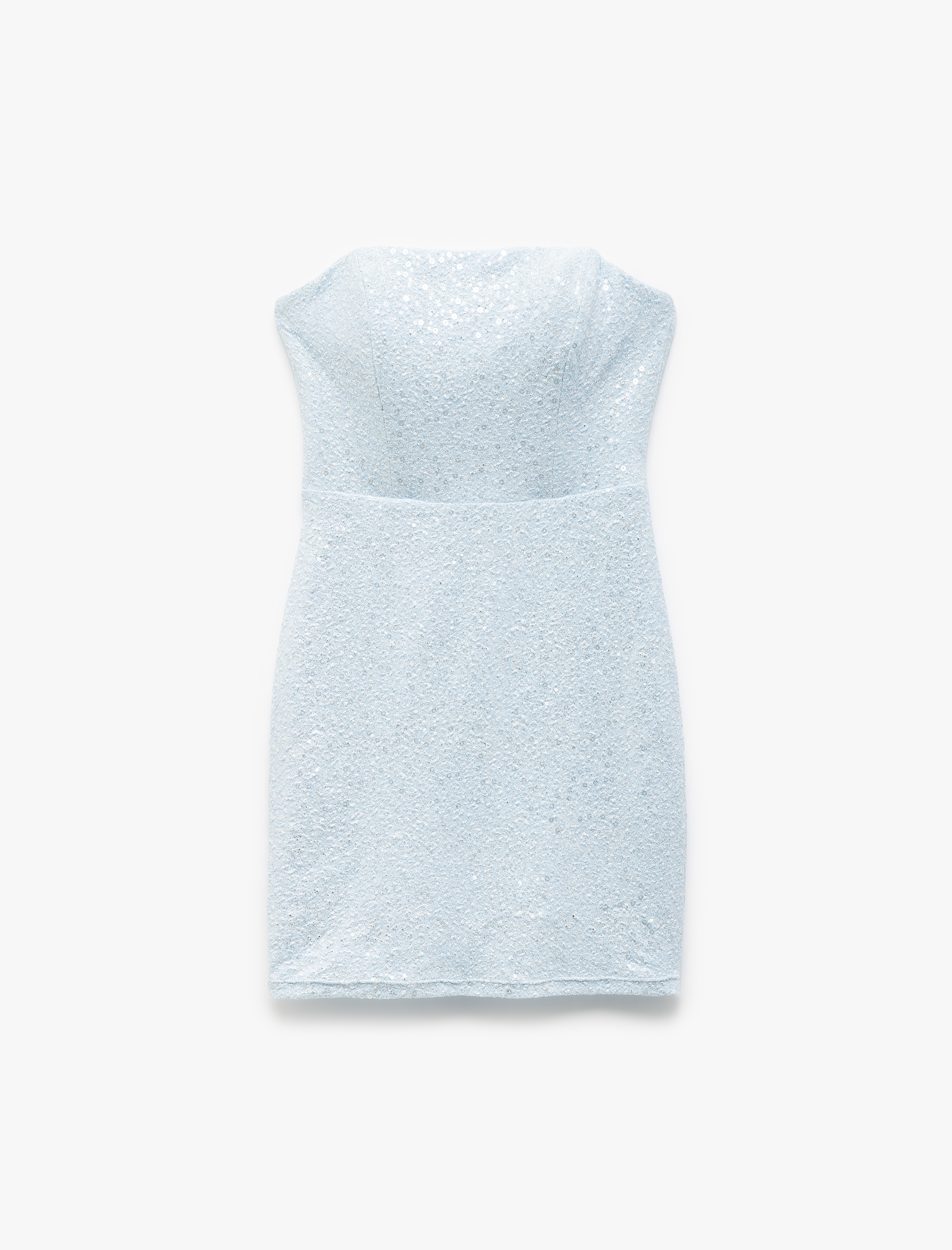   Straplez Yaka Dikiş Detaylı Mini Bodycon Pullu Elbise